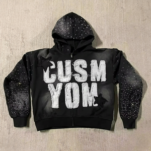 <strong>Guangzhou</strong> Shangshang 500gsm Heavyweight Custom Design Boxy Fit Oversized Rhinestone Stone Washed Distressed Embroidery Hoodie - Product Image 4