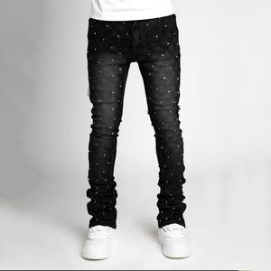 Jeans de Mezclilla Ajustados de Cintura Alta para Hombre, Estilo Cargo, con Adornos de Diamantes y Acabado Deslavado, Venta al por Mayor - Product Image 5