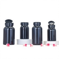 Bouteille en plastique PET pour compléments alimentaires, 200cc, noire, avec couvercle à clapet, sérigraphiée, capacité de 120 capsules/comprimés, emballage pharmaceutique