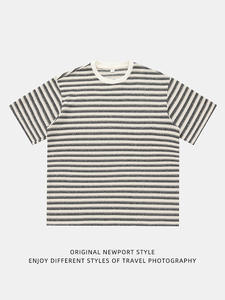 MT7194 <b>Japanese</b> Retro Trendy 310g Heavy Texture Contrast Striped 100% Cotton Short-Sleeved Loose Half-Sleeved T-<b>Shirt</b> for Men - Product Image 5
