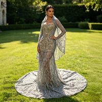 Robe de bal sirène grise sans bretelles faite à la main Ocstrade avec broderie de strass argentés, voile en maille transparente et longue traîne pour soirée de gala