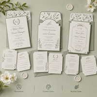 Ensemble d'invitations de mariage personnalisées avec bordure en arche vintage, design feuille aquarelle vert sauge doux, avec cartes RSVP et de détails assorties