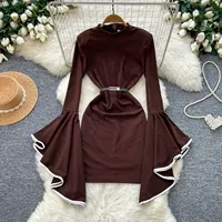 Robe unie à manches longues et taille haute pour femme, style doux, automne, vente en gros, prête à être expédiée
