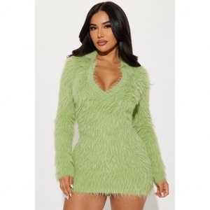 เดรสไหมพรมคอวีทรงเอเข้ารูป สไตล์หวานเรียบง่าย ความยาวมินิ สำหรับผู้หญิง ฤดูใบไม้ร่วง - Product Image 2