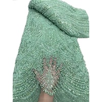 Tissu en dentelle de tulle tricoté en polyester/coton, motif éventail de paon, perles à bulles, broderie de paillettes, maille scintillante, Nigeria Ghana