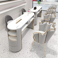 Table de Salon de Manucure de Luxe Blanc et Or avec Bureau à Double Plateau en Marbre et Chaise pour Institut de Beauté avec Tiroirs