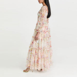 Abito da donna <span class=keywords><strong>in</strong></span> Tulle Nylon per donna con stampa floreale a manica lunga produttori di abbigliamento con volant elegante scollo a V logo personalizzato Bloom - Product Image 5