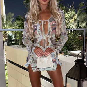 เดรสตาข่ายพิมพ์ลายแขนยาวผูกโบว์ทรงเข้ารูปแฟชั่นสำหรับผู้หญิง - Product Image 6