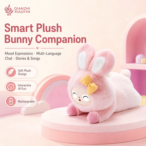 Grande Peluche Lapin Rose IA 36cm, Position Allongée, Visage <span class=keywords><strong>de</strong></span> Poupée ABS, Nœud Doré, Fonction <span class=keywords><strong>de</strong></span> Clonage Vocal 80+ Langues, Mémoire Longue Durée, Puce TUYA T5 - Product Image 1