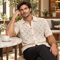 Chemise en tricot personnalisée FNJIA pour homme, col rabattu, tricot ajouré en chevron, tissu beige doux, tenue décontractée quotidienne d'été