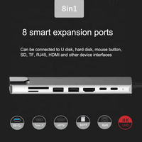 Hub Docking Ethernet 8 in 1 dengan Pengisian Cepat 5A/3A Tipe-C ke Tipe-C, Pelindung Anyaman Aluminium Alloy, Jaket PVC untuk IOS