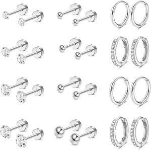 12pairs/set Trendy Gold Plated Stainless Steel Zircon Stud <strong>Earrings</strong> Sensitive Hypoallergenic <strong>Flat</strong> <strong>Hoop</strong> Cartilage Women Jewelry - Product Image 3