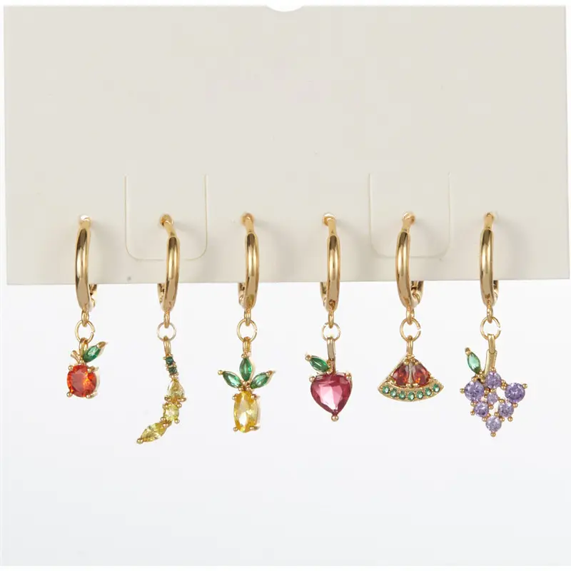 18 K Berlapis Emas Pisang Apple Cherry Buah Nanas Anting-Anting Colorful Zircon Tembaga Anting-Anting untuk Wanita Wanita Perhiasan