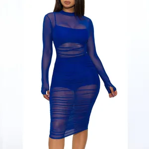 Custom long-sleeved crew neck outside wear European and American women's party Spice Girl solid color slim-fit mesh dress