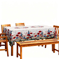 Nappe de table de qualité supérieure avec imprimé de fleurs de pavot rouge et bleu, fond à motif quadrillé, housse de table imperméable pour la décoration de salle à manger, vente en gros