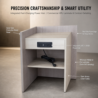Ensemble FF&E d'hôtel sur mesure en bois moderne et durable pour séjours prolongés, avec base de lit ottoman rembourrée et bureau mobile à roulettes
