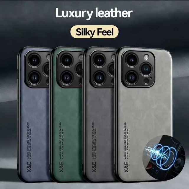 Luxury Leather Case for iPhone 17 16 16e 15 14 13 12 11 Pro Max Plus 12 13 Mini SE 8 7 Cover With Metal Plate Support Car Hold