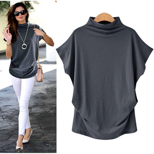 <span class=keywords><strong>Ropa</strong></span> de <span class=keywords><strong>Mujer</strong></span> de <span class=keywords><strong>Tallas</strong></span> <span class=keywords><strong>Grandes</strong></span>, Estilo Europeo y Americano, Top de Cuello Alto con Mangas Murciélago, Mezcla de Algodón, Verano 2022, <span class=keywords><strong>WISH</strong></span> - Product Image 4