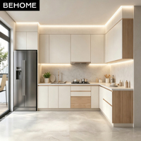 Meuble de cuisine en L avec réfrigérateur et four intégrés, étagère ouverte pour villa, hôtel, appartement, cuisine, mobilier sur mesure