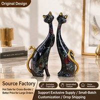 Paire de sculptures de chats floraux en résine noire avec queues dorées, figurines artistiques de table pour la décoration du salon, du bureau et de la maison