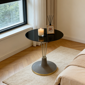 Mesa de centro redonda contemporánea para el hogar, con tapa de cristal tintado oscuro y base de jaula de alambre negro, modelo Nebula Orbit - Product Image 4