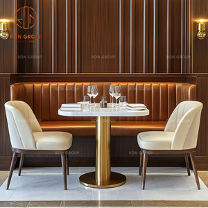 Meubles de restaurant de café de luxe, tables rondes en marbre, chaises pâles et ensemble de canapé en velours orange pour la salle à manger du café - Product Image 3
