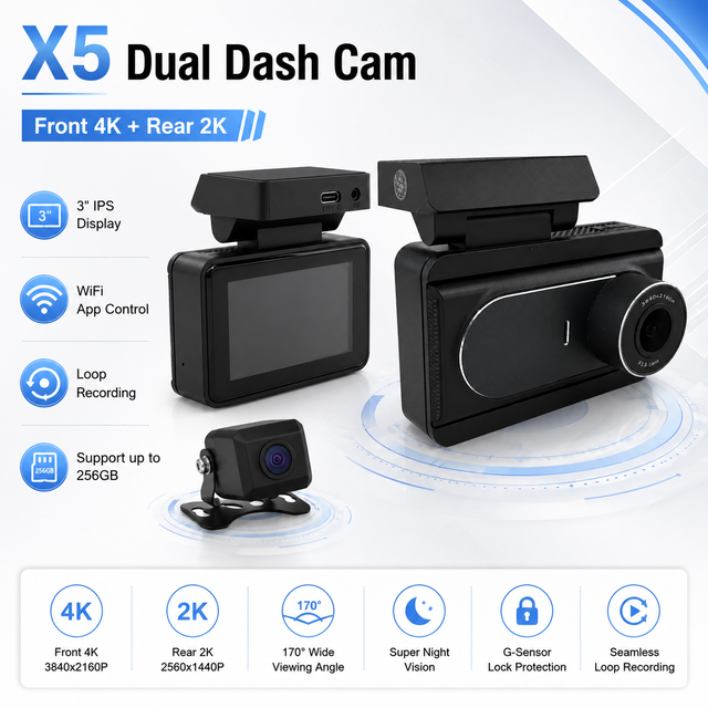 FYDZ X5 Dual Dash Camera 4K Plus 2K Ultra HD Front and Rear Dash Cam 3.0 Inch IPS Screen Loop Recording for Car