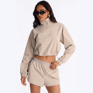 Women Beige Cropped Windbreaker Jacket and <b>Short</b> Set Half <b>Zip</b> Long Sleeve Elasticwaist Casual Sporty Two Piece Outfit Activewear - Product Image 1