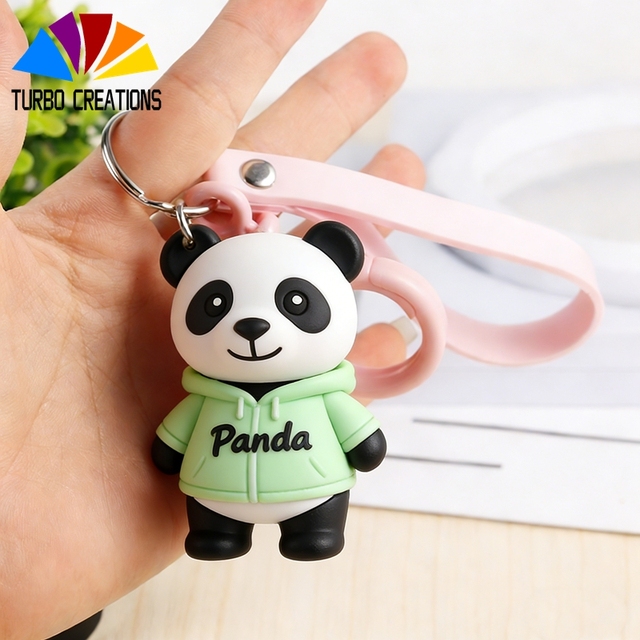 Custom Panda Pvc Drijvende Geborduurde smiley Sleutelhanger Custom logo Veiligheids Aangepaste Mini Tasje Sleutelhanger