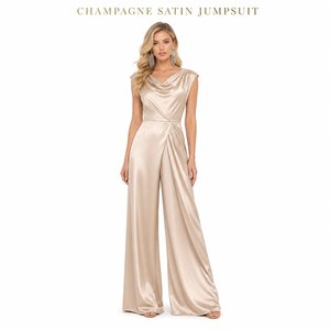 <span class=keywords><strong>Combinaison</strong></span> sur mesure en satin champagne à col drapé pour <span class=keywords><strong>femme</strong></span>, <span class=keywords><strong>pantalon</strong></span> large avec panneau drapé, longueur ras du sol, soirée glamour, vente en gros - Product Image 1