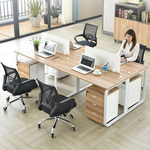 Modern 4 Person Customizable Office <strong>Workstation</strong> <strong>Desk</strong>, Wooden Staff <strong>Workstation</strong> Office Table with Partition &amp; Cabinet - Product Image 1