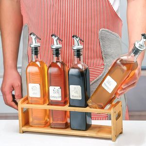 Bamboo Seasoning <b>Rack</b> Square Four Hole Oil <b>Bottle</b> <b>Storage</b> Display Stand Multipurpose Kitchen Organizer - Product Image 3