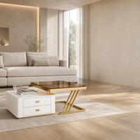 Table basse moderne de luxe en verre et dalle de roche carrée, mobilier de maison, table à thé en pierre frittée avec tiroirs de rangement en acier inoxydable