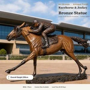 Statue personnalisée grandeur nature en bronze de cheval de course et jockey, sculpture de cheval au galop, art métallique pour jardin extérieur et villa, vente en gros OEM - Product Image 1