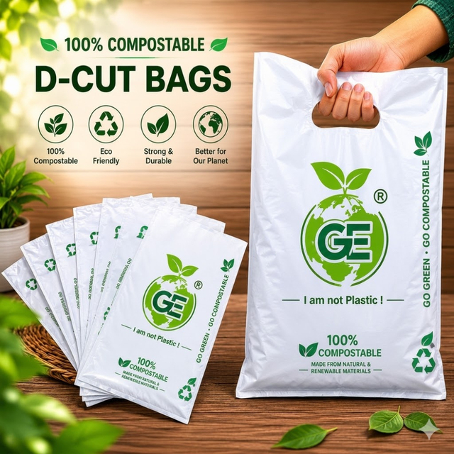 Premium Compostable D Cut Shopping Bags Eco-Friendly Biodegradable Supermarket Retail Packaging Plastic-Free Store Pouches