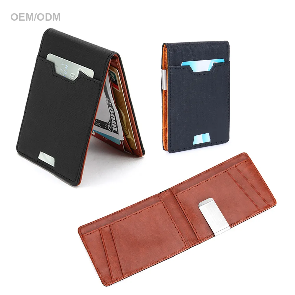 Custom Logo Vintage Front Pocket Brown Leather RFID Blocking Card Holder Men's Money Clip Wallet