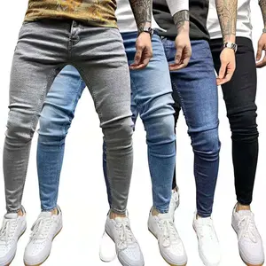 JUNBAOSS Jeans ketat pria, celana kasual pinggang fleksibel nyaman kaki lurus untuk lelaki
