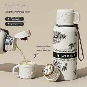 Tasse à thé portable de style coréen pour étudiants, en acier inoxydable 316 à isolation sous vide améliorée, grande capacité, motif fleur de gardénia, maintien au chaud 6-12 heures - Product Image 1