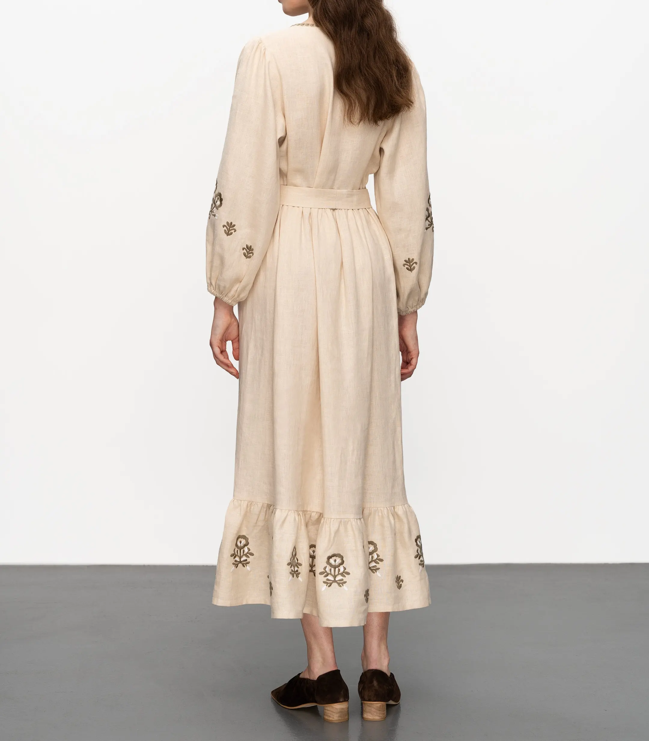 Vestido maxi feminino bordado de algodão e linho casual com babado longo para mulheres, venda imperdível