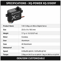 Servomoteur sans noyau XQ-S1009F 7,7g 3kg Mini Servo Numérique Étanche à Engrenages Métalliques 7,4V pour Aile d'Avion RC Vente en Gros OEM