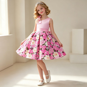 Girls' Floral Print Sleeveless A-Line Dress With Bow Pink Princess Flower Girl Costume K2 - Product Image 1