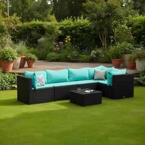 Ensemble de salon d'extérieur noir avec coussins turquoise, 6 places, en rotin, mobilier de jardin, sectionnel, design contemporain, résistant aux intempéries - Product Image 2