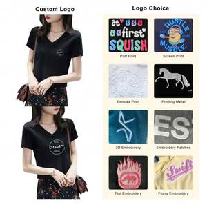 Camisetas holgadas de algodón de alta calidad con serigrafía personalizada, ropa informal de cuello grueso, camiseta de manga corta con cuello en V para mujer - Product Image 3