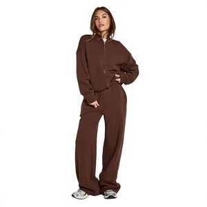 Custom Logo Street Wear 2 Piece Set Fleece Terry Casual Sweatsuit <b>Women</b> Oversize Zip-Up Hoodie <b>Jogger</b> Tracksuit - Product Image 1