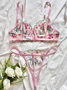 Wholesale Floral Embroidery Lace Lingerie <b>Set</b> <b>Sexy</b> Sheer Mesh Underwire Bra and Thong <b>Set</b> 2 Piece Romantic Pink Intimates - Product Image 4