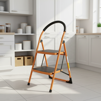 Échelle pliable en acier à 2 marches, design moderne, large, antidérapante, orange, conforme à la norme EN 131, garantie 1 an, capacité 150 kg, utilisation en supermarché