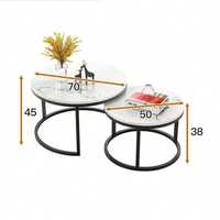 Tables gigognes contemporaines circulaires à motif marbre blanc avec base en métal noir pour salon, table basse