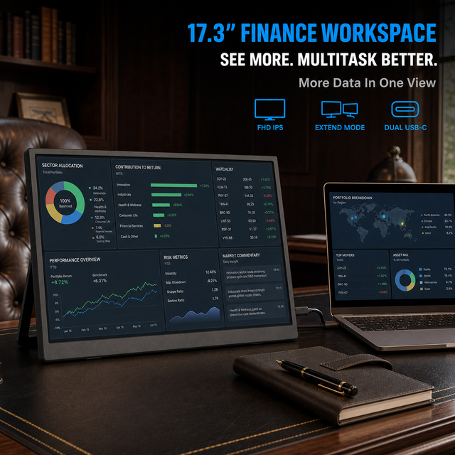 Portable Monitor for Trading 17.3 Inch 1920x1080 IPS Second Display with Extend Mode for Charts and Reports Gaming Monitor