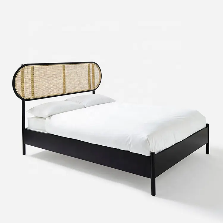 New arrival latest design simple modern home bedroom furniture rattan metal frame wooden beds
