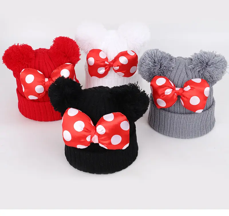 2023 autunno e inverno nuovi bambini 1-8 anni fiocco nodo doppia palla di capelli Mickey carino dolce cappello di lana caldo cappello lavorato a maglia